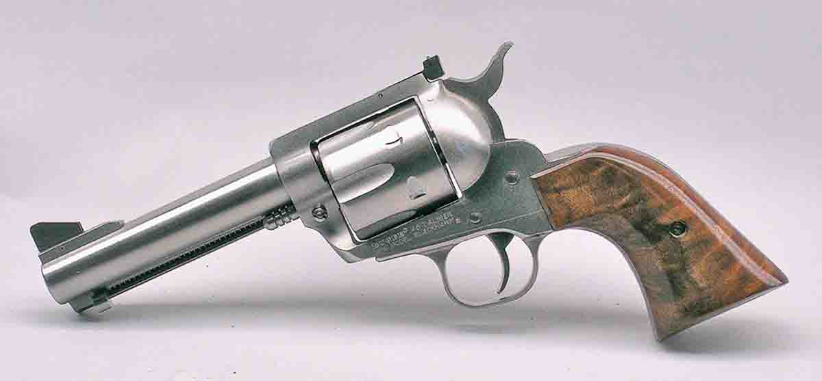 This stainless steel New Model Blackhawk .45 Colt with Herrett stocks is based on the original Old Model .357 Magnum Colt-sized frame.